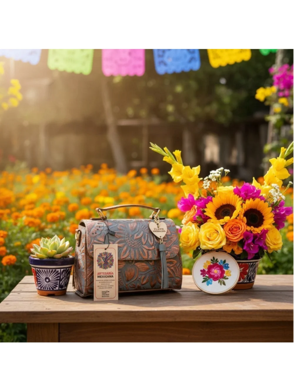 Blue Gray Bronze Sunflower Embossed Tooled Artisan Leather Crossbody Purse